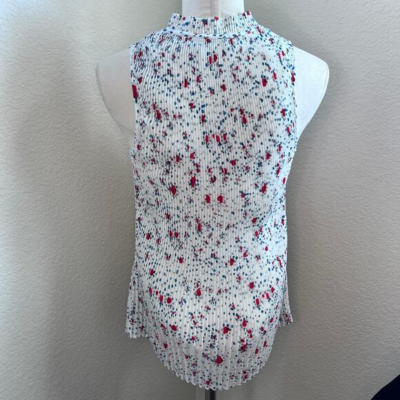 DKNY white pleated blouse womens Medium sleeveless twee tie neck top - Picture 4 of 7